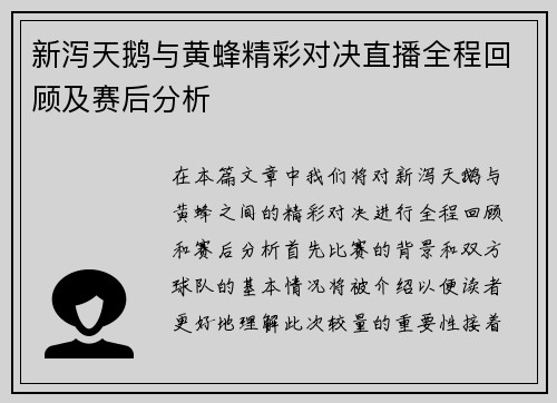 新泻天鹅与黄蜂精彩对决直播全程回顾及赛后分析